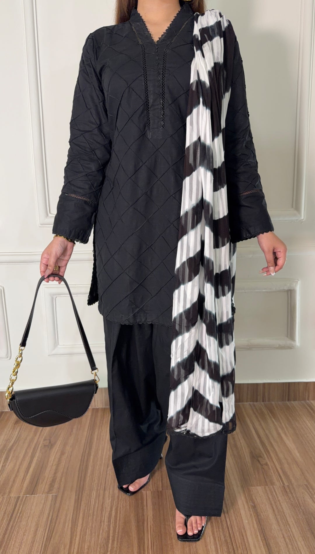 Solid Black Ethnic Wear 3 Piece Suit Embellished Neckline Farshi Shalwar Striped Dupatta | Bin Saeed