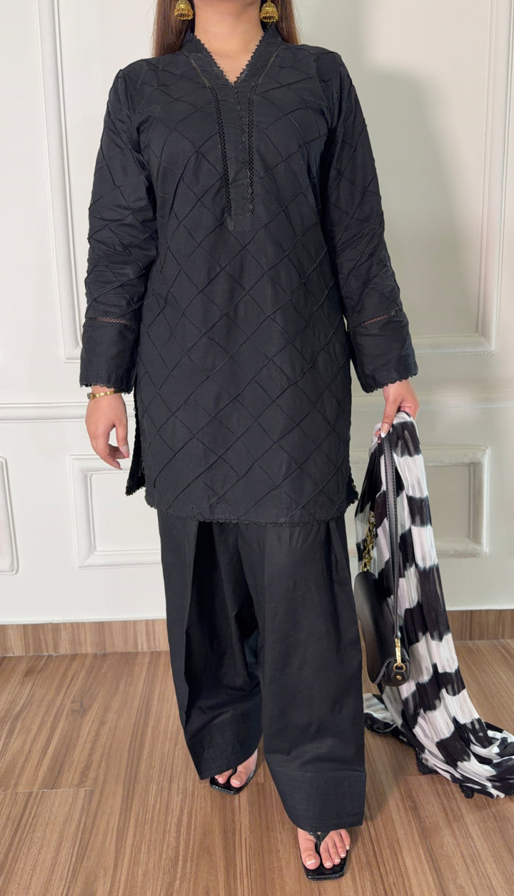 Black Embellished Kurta Shalwar with Monochrome Striped Chiffon Dupatta | Bin Saeed