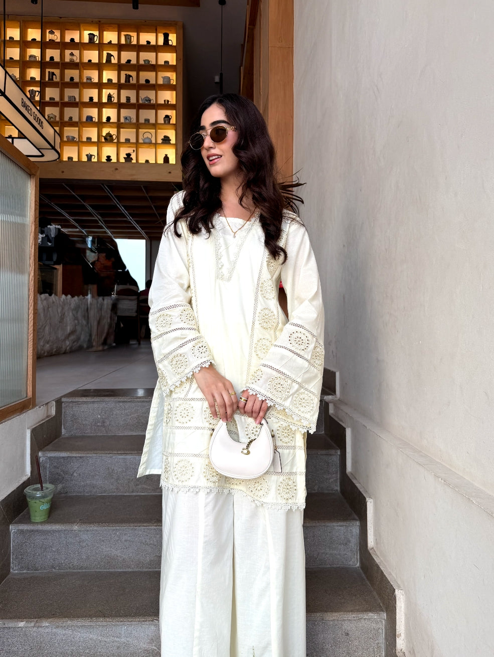 Ivory Luxury Chikankari Co-Ord Set with Embroidered Crochet Sleeves | Bin Saeed