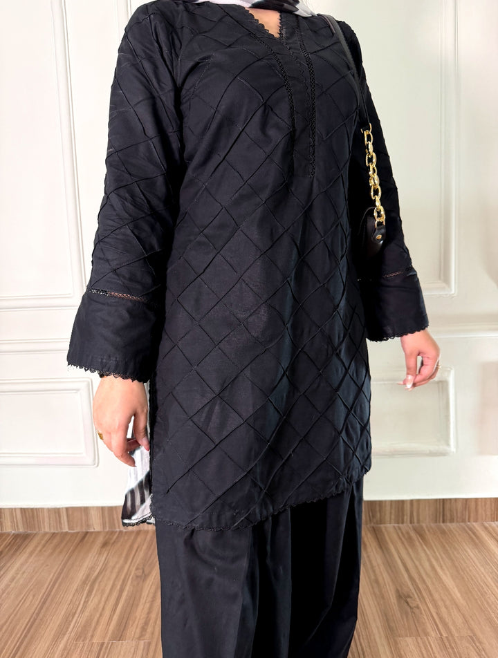 Black Pintuck Textured Kurta with Wide Leg Shalwar and Ikat Dupatta Women Pakistani Dress | Bin Saeed