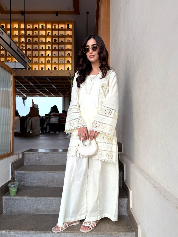 Women Summer 2pc Chikankari Outfit Ivory Color with Lace Detail Sleeves | Bin Saeed